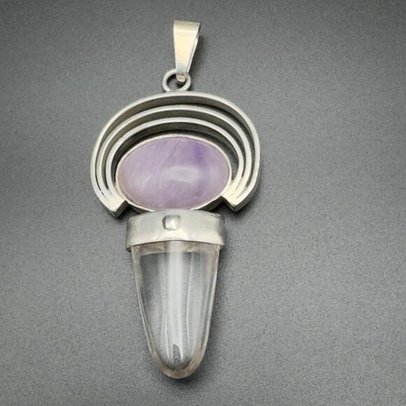 Sterling Silver Purple Stone Pendant Clear Stone Architectural Modern - Picture 3 of 7